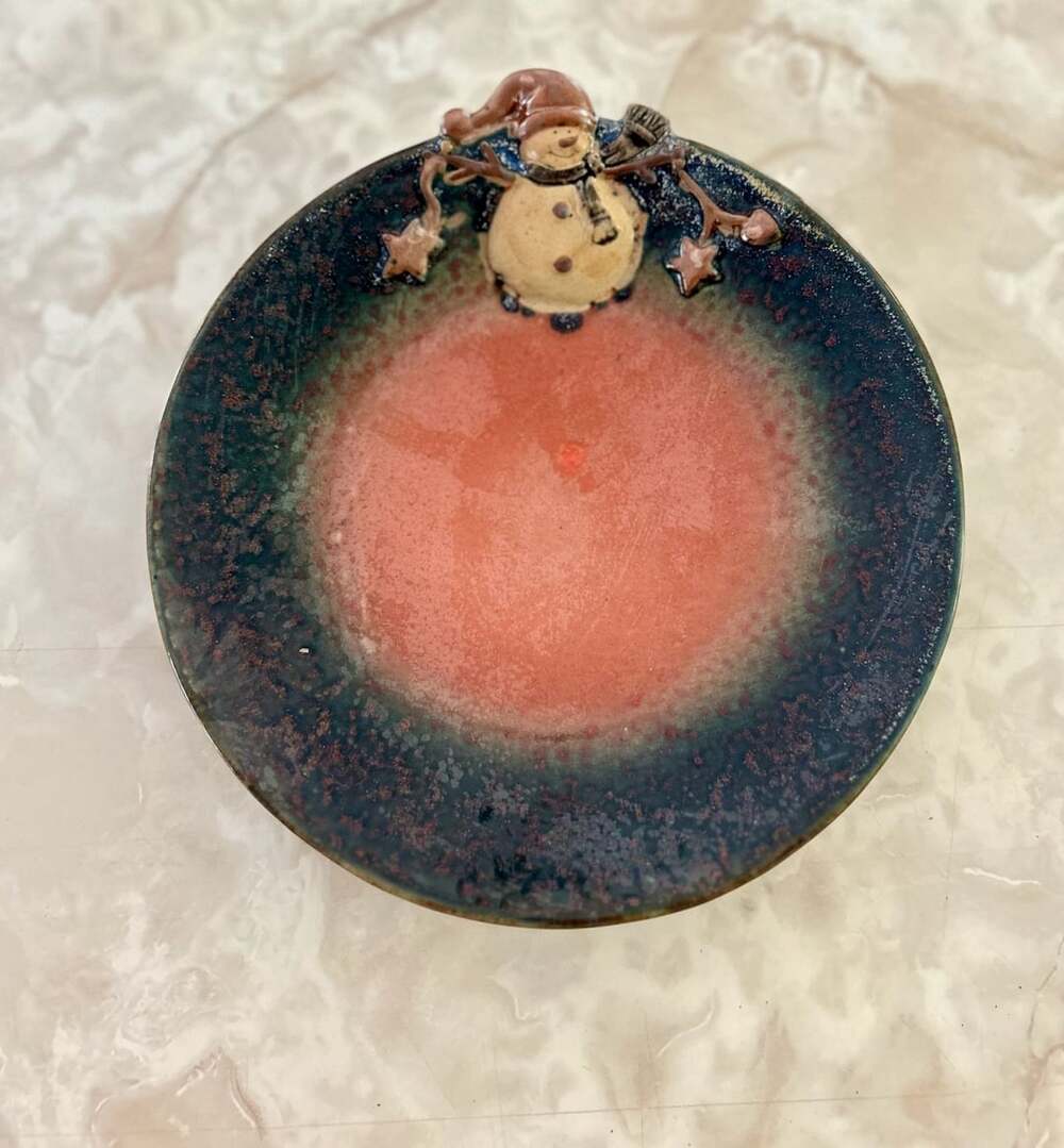 Ceramic Christmas Decorative Bowl with 3D Snowman Figure and Star Accents
